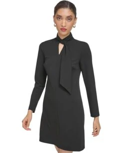 Calvin Klein Faux Tie Neck Shift Dress with Keyhole Neck Detail | Dresses