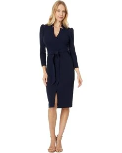 Calvin Klein L/S V-Neck Front Slit Sheath With Self Tie Belt | Dresses