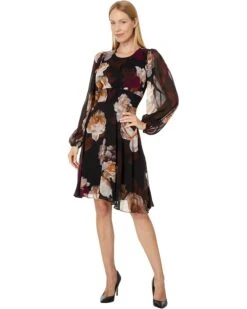 Calvin Klein Chiffon Floral Long Sleeve Shift | Dresses