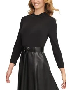 Calvin Klein Matte Jersey Combo Pu Leather Belted Aline | Dresses