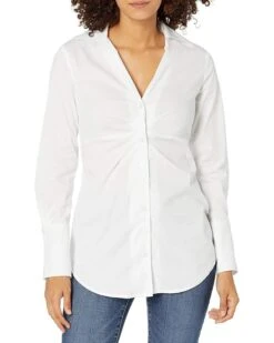 Calvin Klein V-Neck Ruched Front Poplin Button Down | Shirts & Tops
