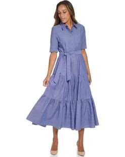 Calvin Klein Cotton Chambray Shirt Dress with Tie Belt | Dresses