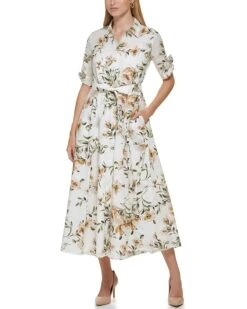 Calvin Klein Cotton Shirt Dress with Short Sleeve Tie Detail | Dresses