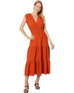 Calvin Klein Gauze V-Neck Tiered Skirt Dress | Dresses