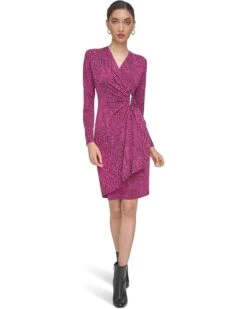 Calvin Klein Print Matte Jersey V-Neck Dress with Gold V-Bar and Side Ruching | Dresses -Closet Fave Shop 71Q7 pDefL. AC SR736920