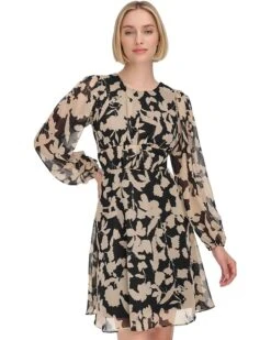 Calvin Klein Chiffon Long Sleeve Floral Rouched Aline | Dresses