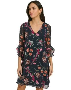 Calvin Klein Short Chiffon Dress with Bell Sleeves | Dresses